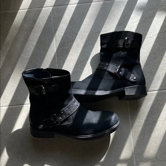 Vintage Foundry Co. “Miriam” Black Suede Buckle Ankle Moto / Combat Boots - Picture 2 of 8